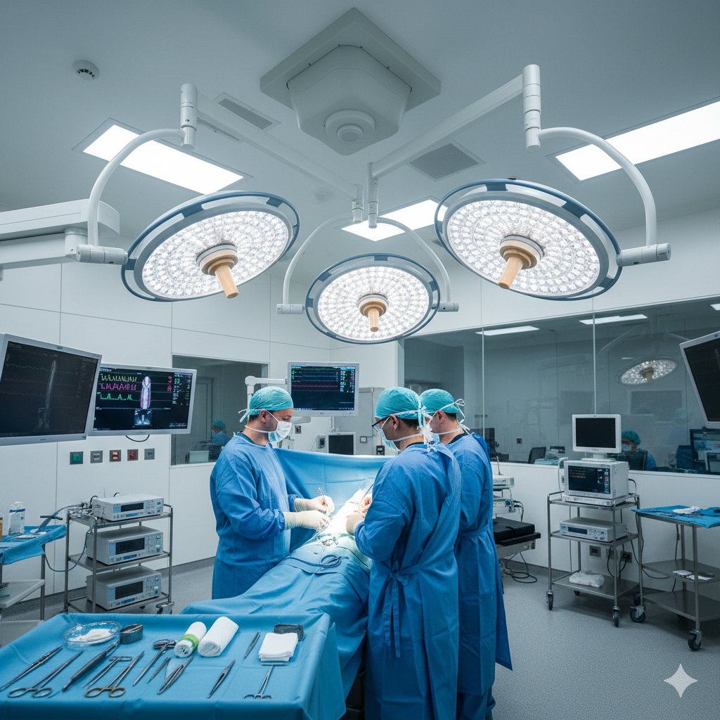 Commercial LED lighting installation in modern hospital surgical suite showing precise 5000K color temperature fixtures in Arlington Texas healthcare facility