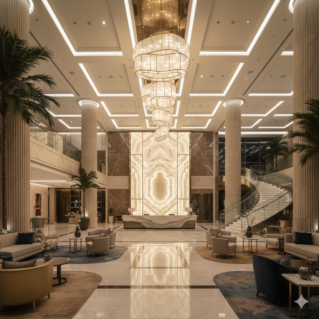 Architectural LED lighting design in luxury hotel lobby featuring starlight ceiling installation and warm ambient lighting in Arlington Texas hospitality project