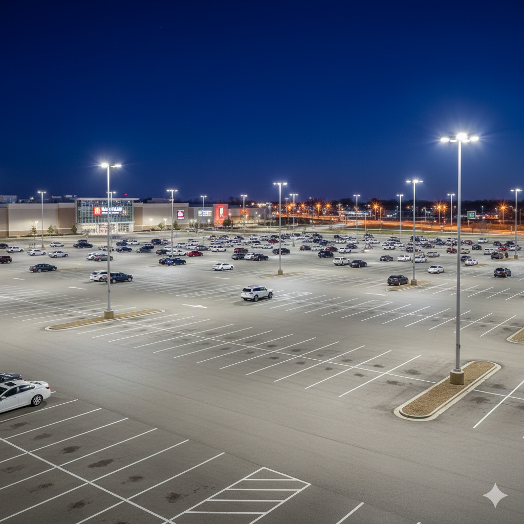 Commercial LED parking lot lighting installation at night showing uniform illumination and energy-efficient fixtures at DFW area business complex