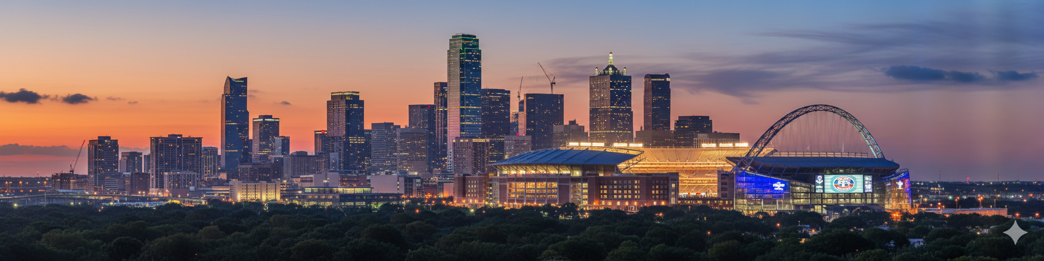 Commercial LED lighting illuminating Arlington Texas skyline featuring Globe Life Field stadium and AT&T Stadium at dusk