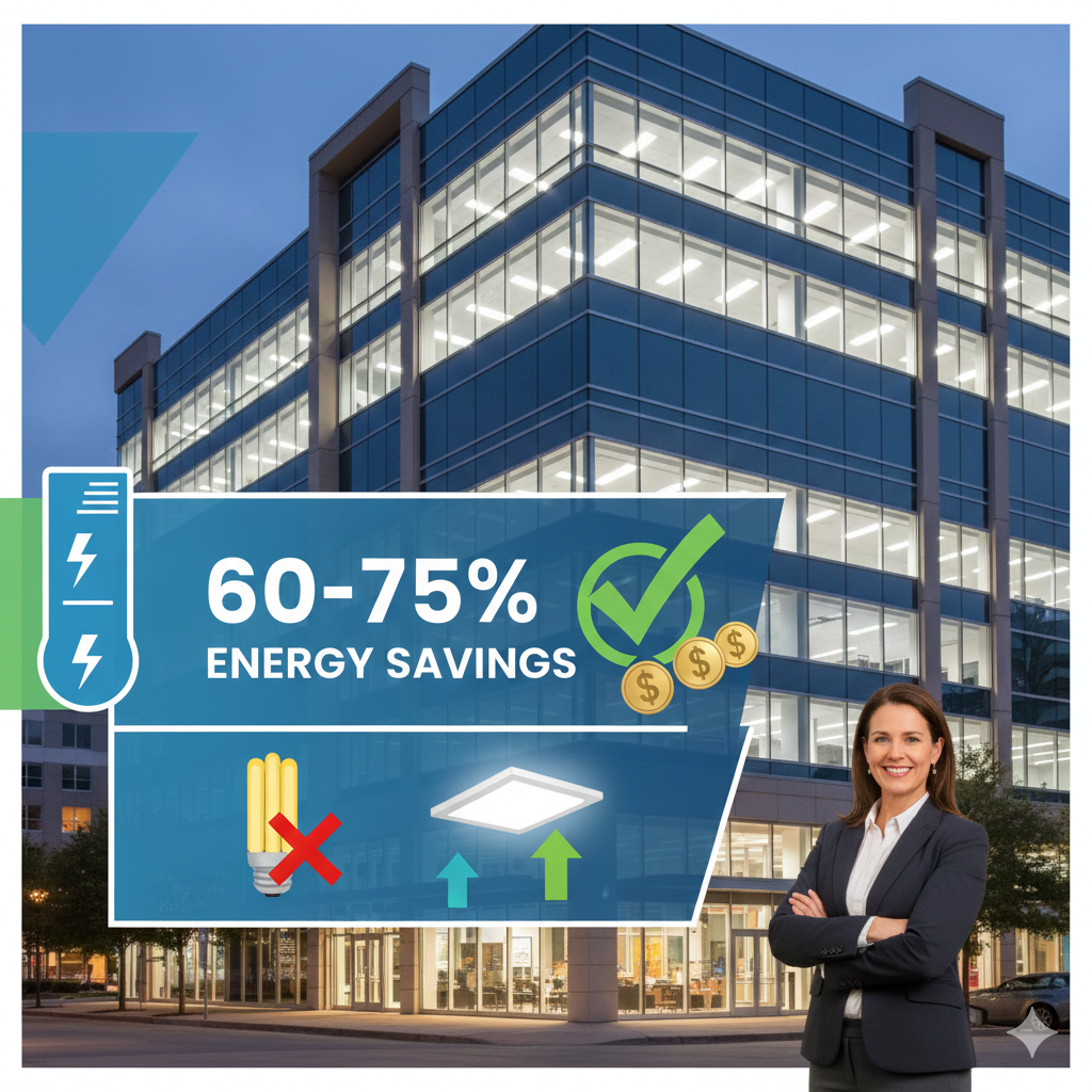 Energy savings chart showing LED vs fluorescent lighting costs for Arlington TX businesses