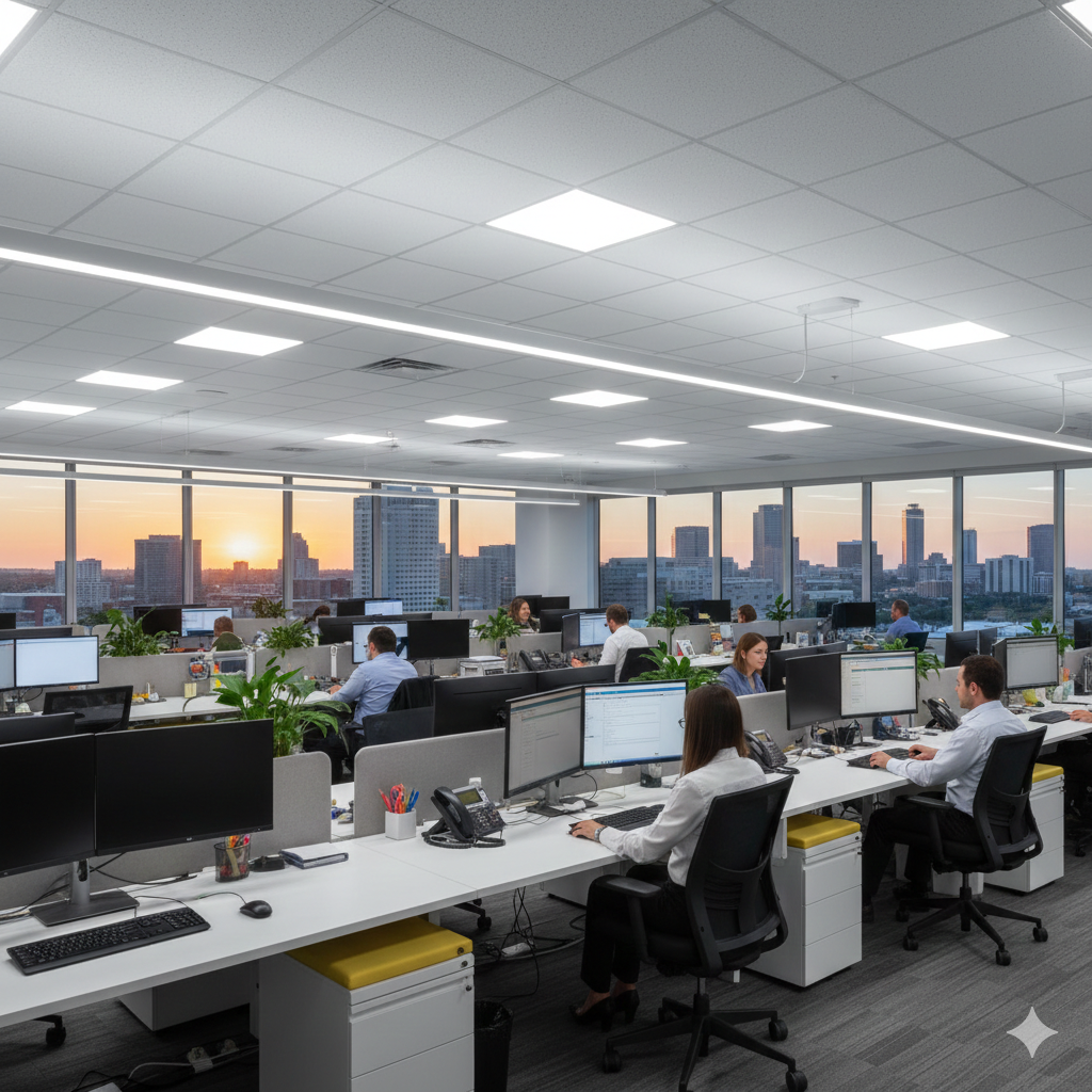 Business lighting services in Arlington TX showing commercial LED installation in modern office building