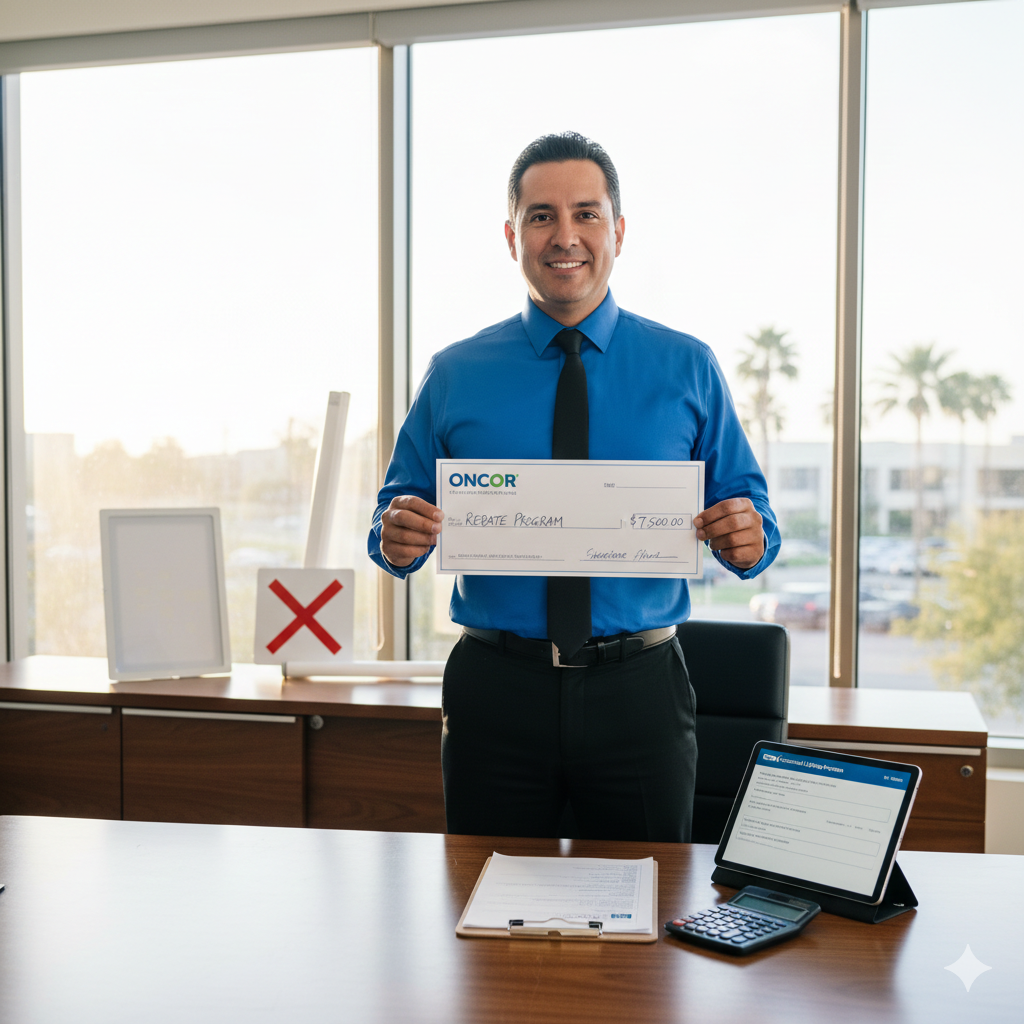 Oncor utility rebate check for Arlington TX business LED lighting installation