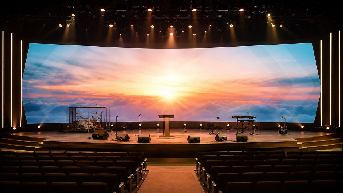 Church sanctuary with a large LED video wall behind the stage during worship