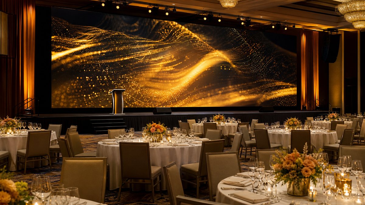 Hotel ballroom event with LED video wall stage backdrop