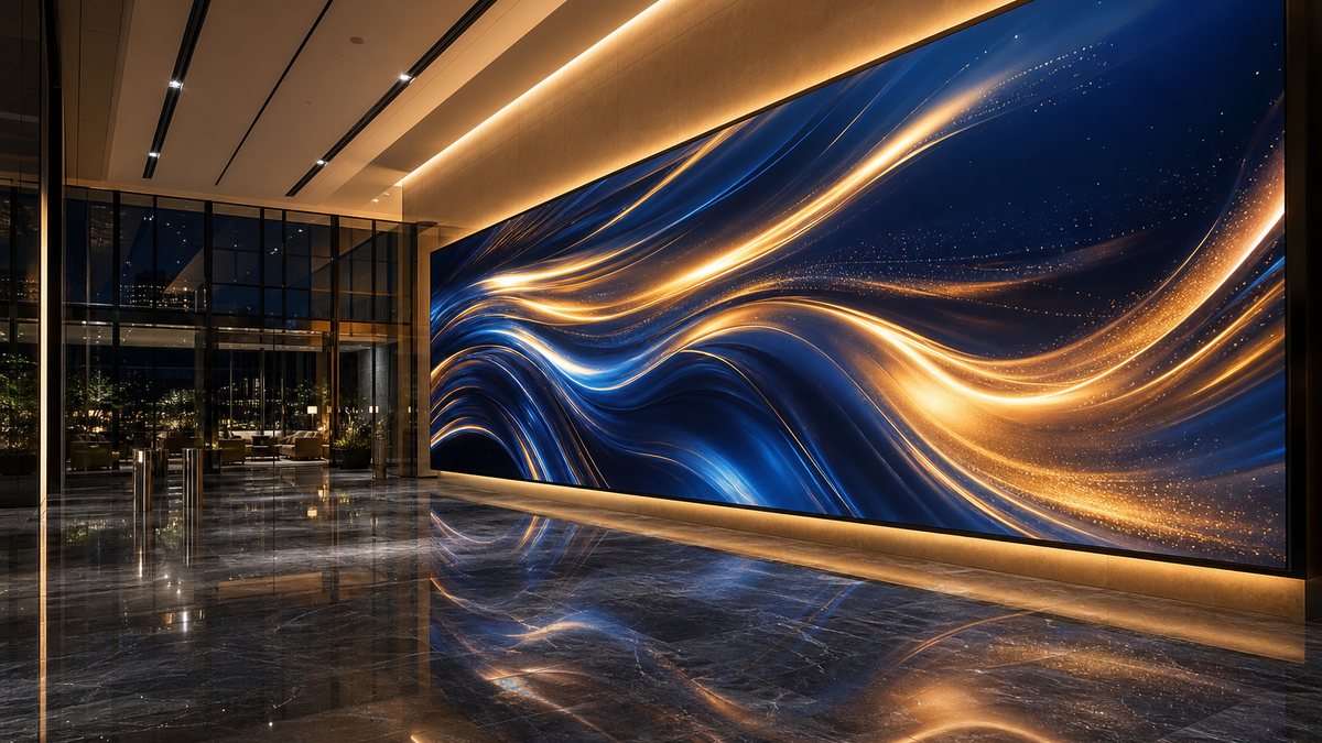 Large indoor LED video wall in a modern corporate lobby in Arlington Texas