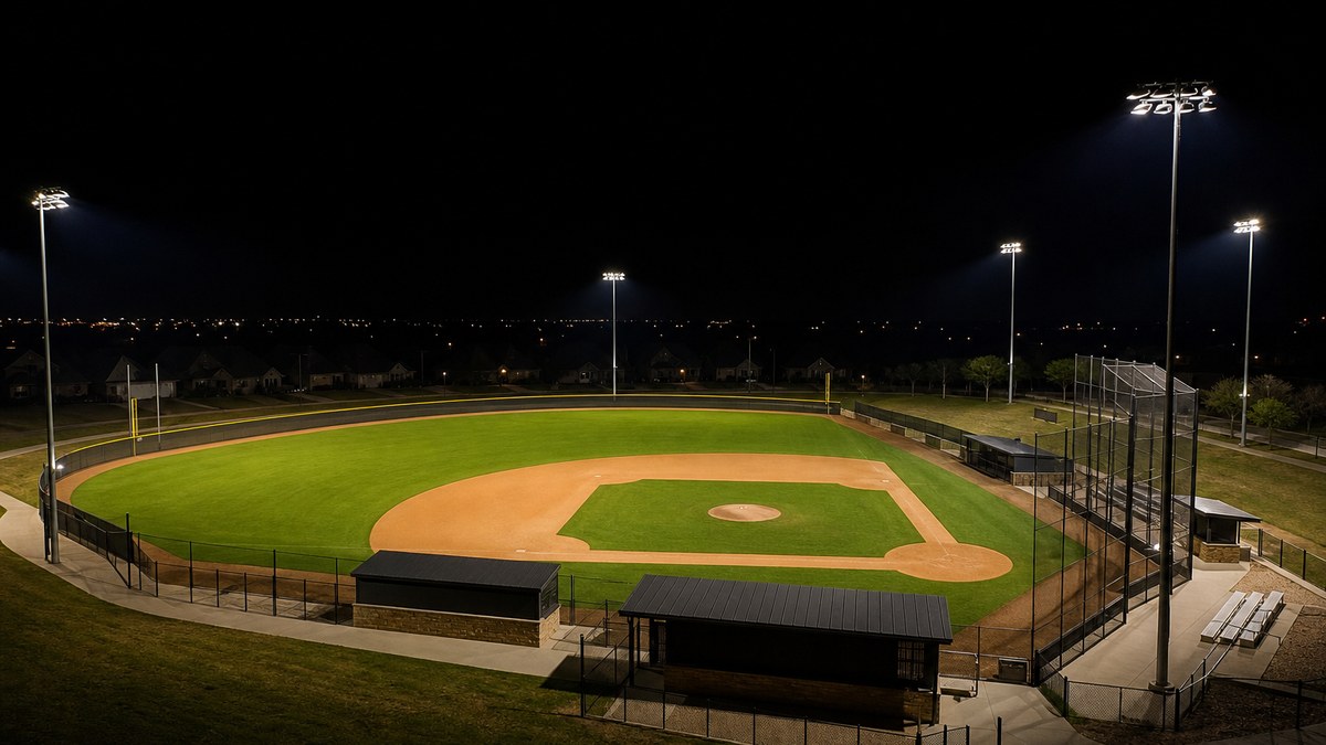 Baseball field with LED sports lighting poles at night in North Texas