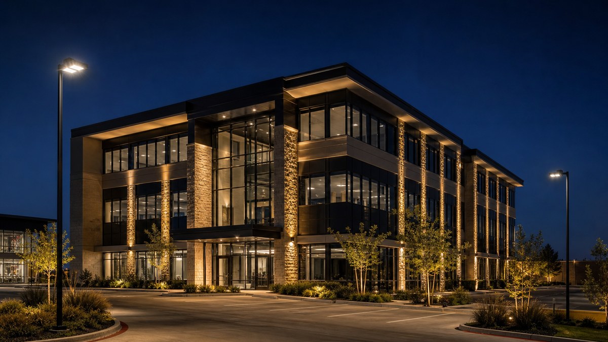 Commercial building exterior in the Dallas-Fort Worth area with architectural LED facade and parking lot lighting at night