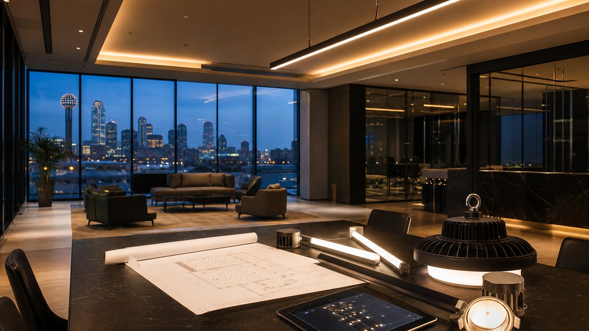Commercial LED lighting company reviewing lighting plans and fixture samples in a modern DFW office lobby at dusk