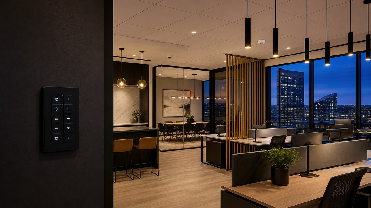 Modern Arlington TX office with commercial LED lighting controls, dimmed pendant lights and a wall keypad at dusk