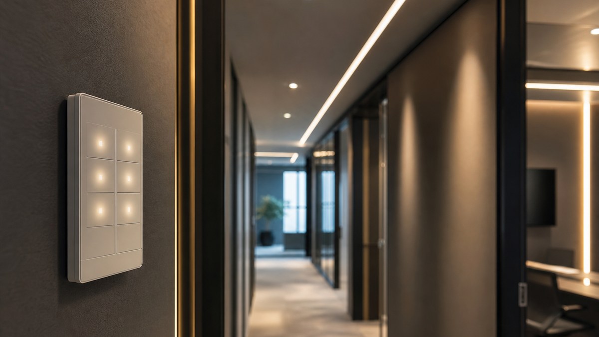 Commercial lighting control keypad and occupancy sensor in a modern office corridor with LED lighting