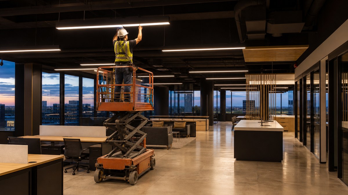 Commercial LED lighting installation in an Arlington TX office with technicians on a lift installing linear fixtures