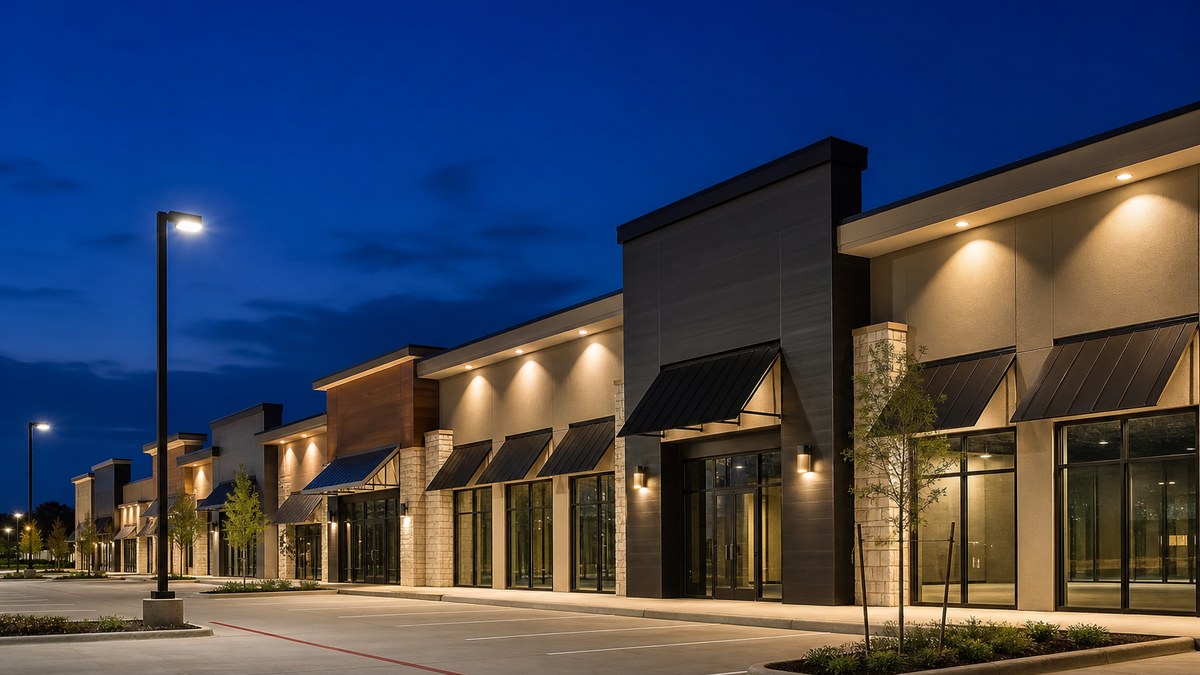 Commercial lighting services in South Arlington TX: LED-lit retail center storefronts and parking lot at dusk