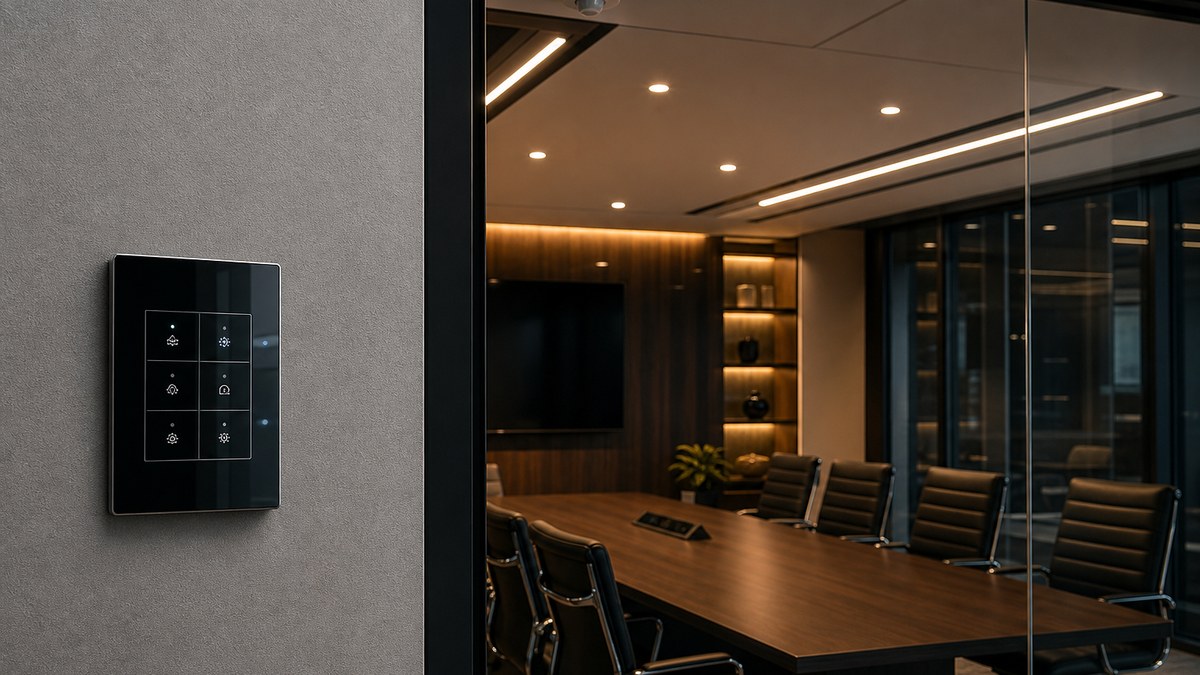 Commercial lighting control keypad and wall-mounted occupancy sensor in a modern Arlington conference room with dimmable LED lighting