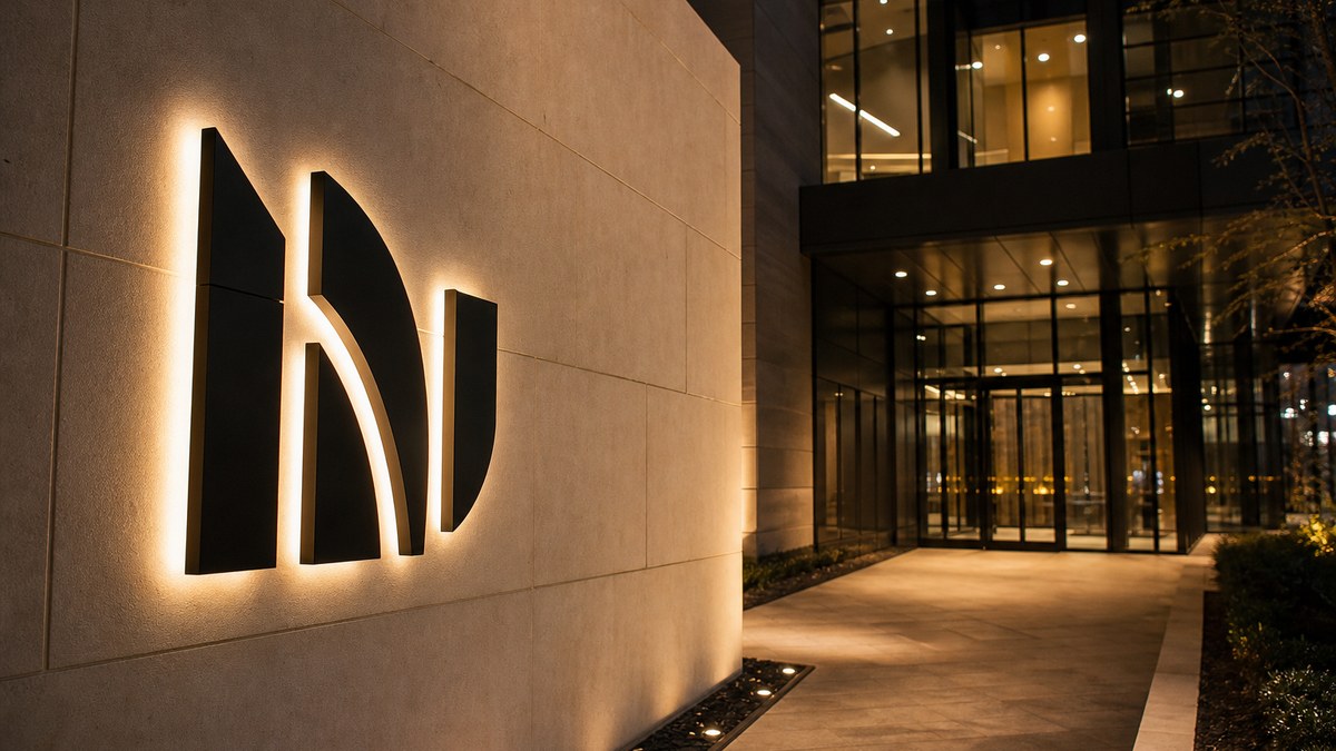 Halo-lit LED dimensional letters on a modern office building facade at night in DFW