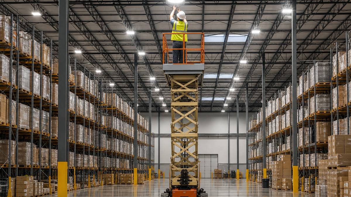 LED lighting specialist installing high-bay LED fixtures from a lift in an Arlington Texas warehouse