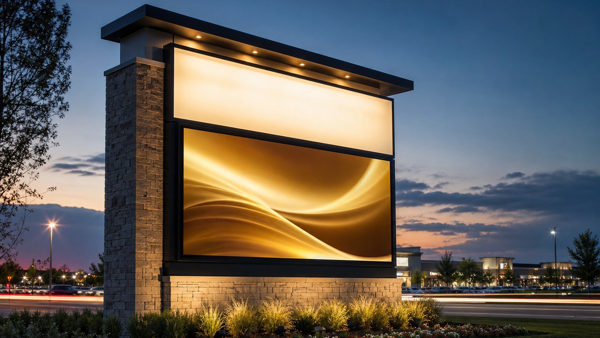 Lighted monument sign with LED message center at an Arlington TX shopping center entrance at dusk