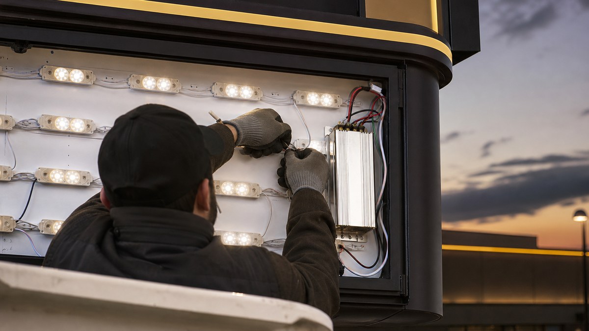 Technician retrofitting a commercial sign cabinet with LED modules in Arlington TX