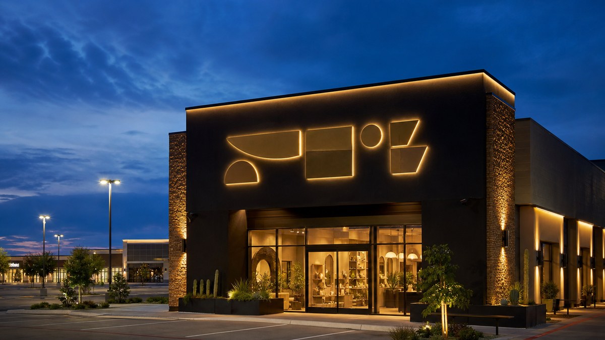 Illuminated LED channel letter sign on a retail storefront in Arlington Texas at dusk
