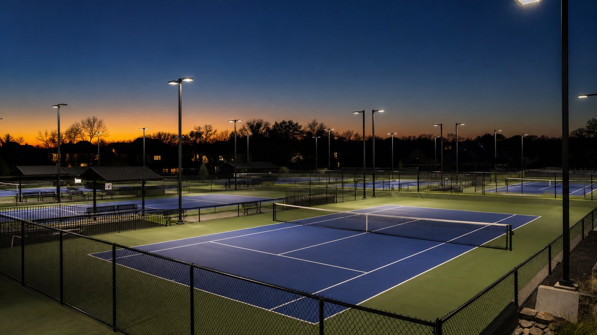 LED lighting on outdoor tennis and pickleball courts at dusk in a Dallas Fort Worth park