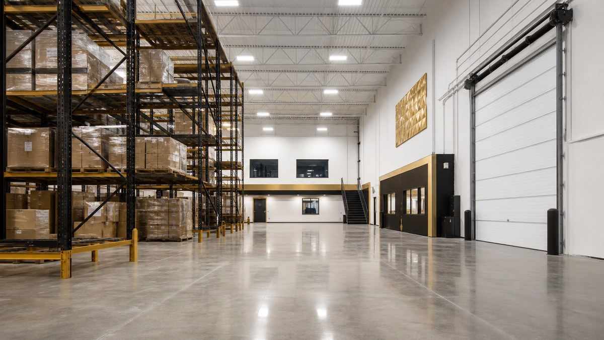 LED high bay lighting in a Mansfield TX flex warehouse with bright even coverage