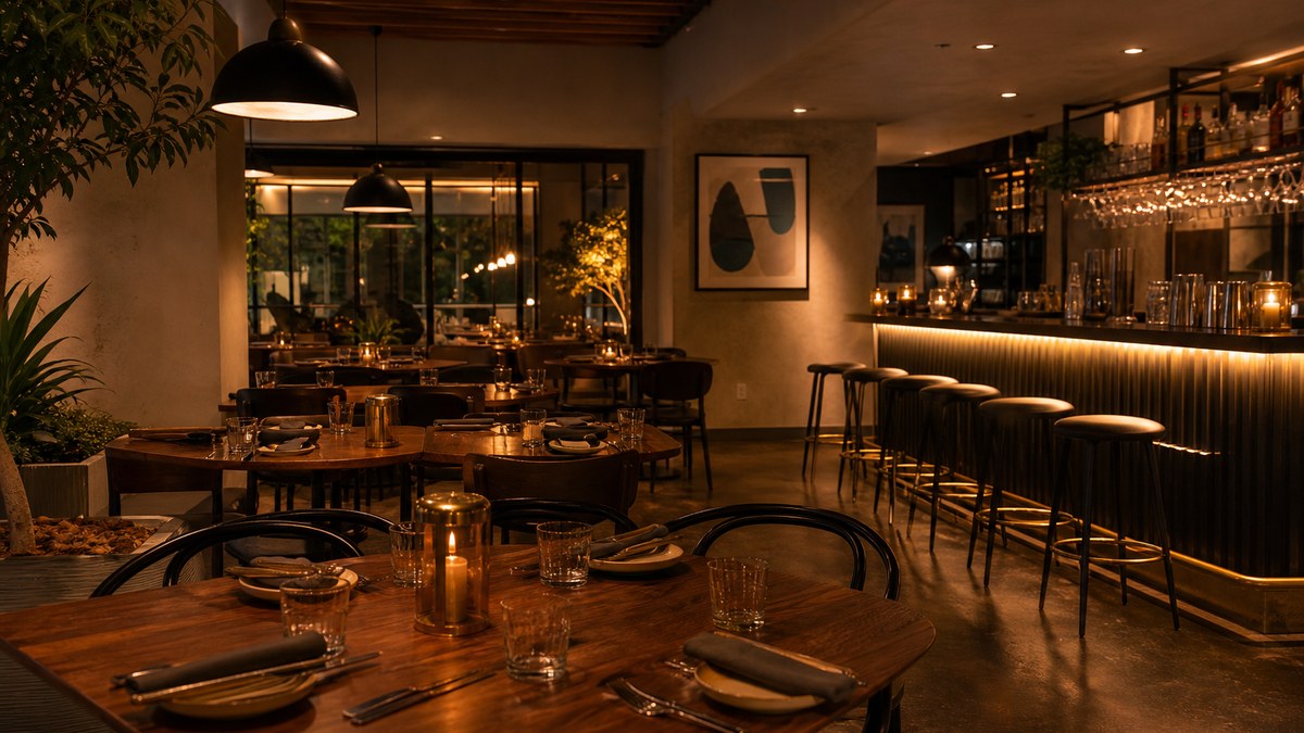 Warm LED interior lighting in a Pantego TX boutique restaurant with accent and pendant lights