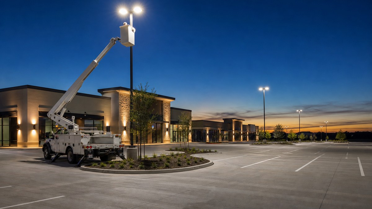 LED parking lot pole lighting installation at a commercial property in Arlington TX at dusk