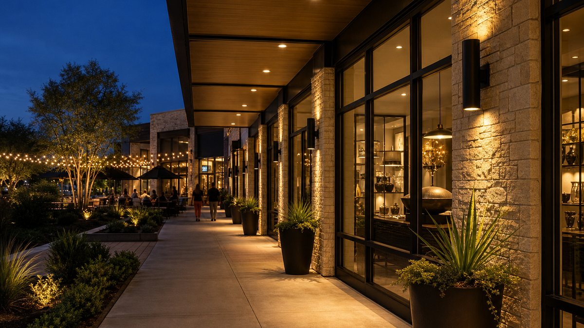 Retail center storefront walkway and canopy with warm LED soffit lighting in Texas