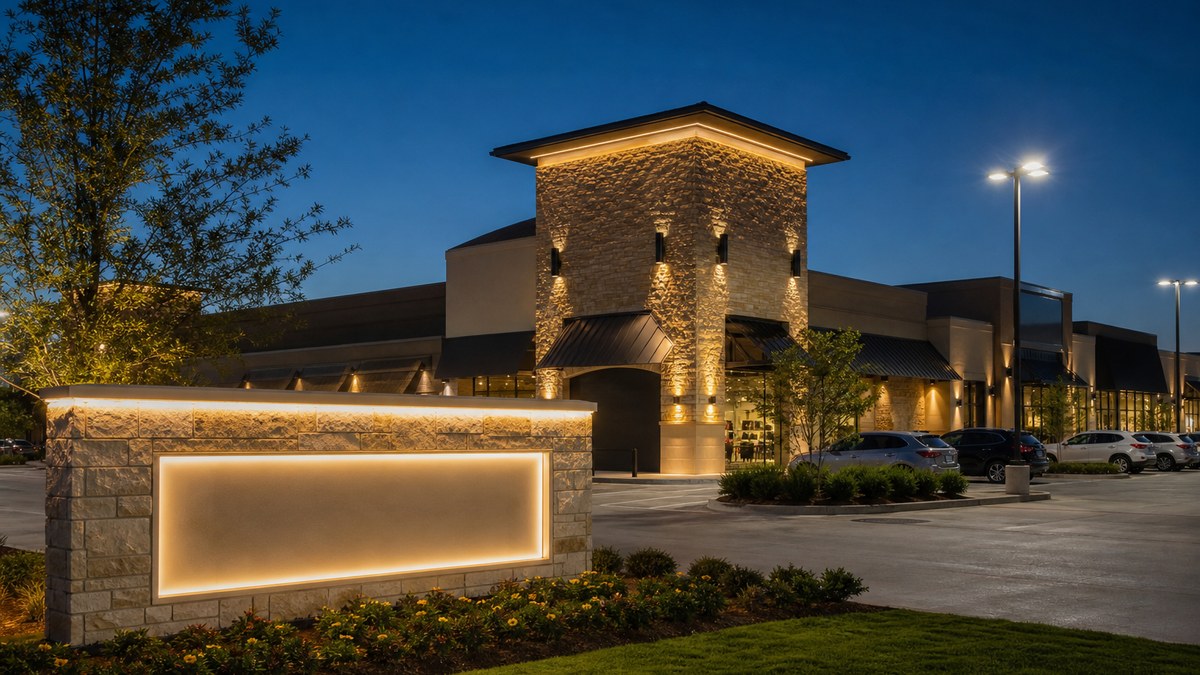 Shopping center facade with LED architectural lighting and illuminated monument sign at dusk in Texas