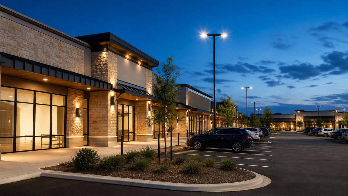 Texas shopping center at dusk with LED parking lot pole lights and illuminated storefronts