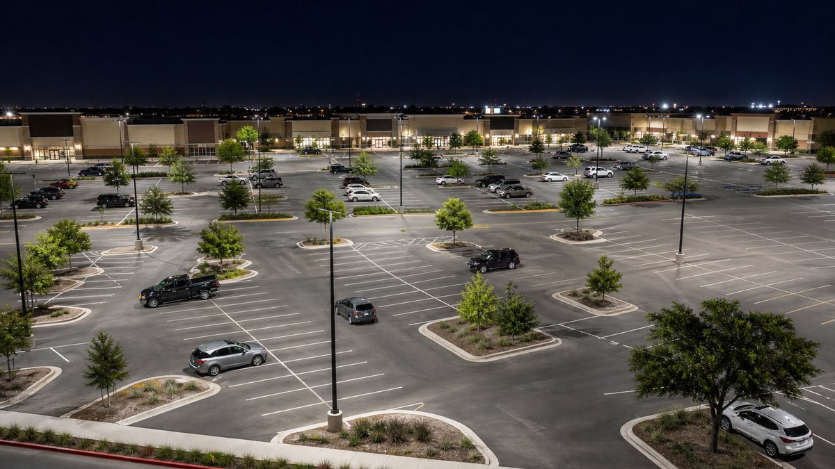 LED pole lighting over a shopping center parking lot in Texas at night with even coverage