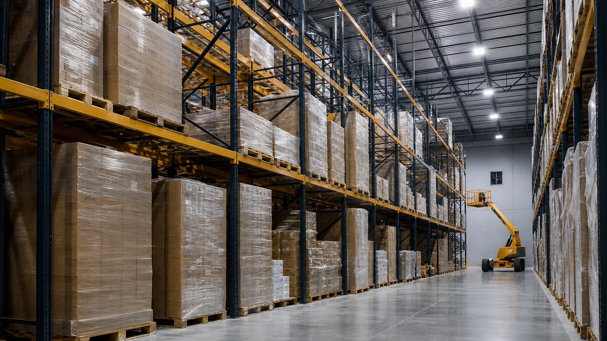 Warehouse LED high bay lighting installation in Arlington Texas industrial building near I-20