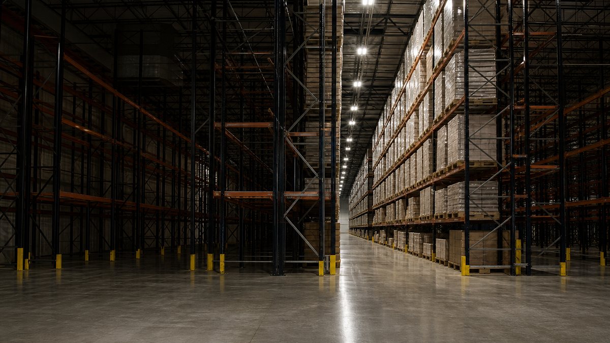 Warehouse in the Arlington Great Southwest industrial area with LED high bay lights controlled by aisle occupancy sensors
